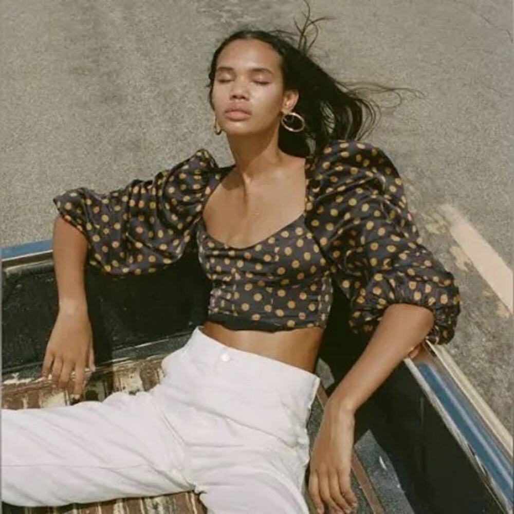 For Love & Lemons Lark Polka Dot Blouse Black Brown L NWT Sold Out - Picture 8 of 10